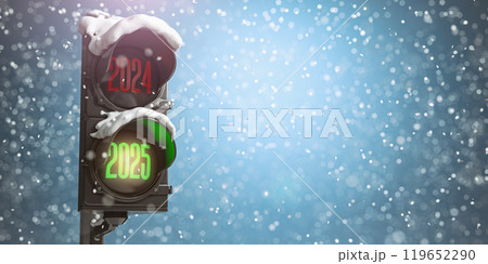 Happy new year 2025. Traffic light with green light 2025 and red 2024 on sky background. Happy new year 2025. Traffic light with green light 2025 and red 2024 on sky background. 119652290