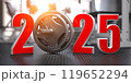 2025 Happy New Year  in fitness bodybuilding workout gym. Number 2025 with barbell and oter spoirt equipment. 119652294