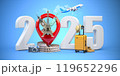 2025 Happy new year. Number 2025 and pin with most popular landmarks of the world. New year celebration in London, Paris, Rome or New York. 119652296