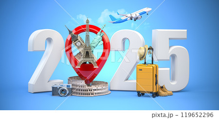 2025 Happy new year. Number 2025 and pin with most popular landmarks of the world. New year celebration in London, Paris, Rome or New York. 2025 Happy new year. Number 2025 and pin with most popular landmarks of the world. New year celebration in London, Paris, Rome or New York. 119652296