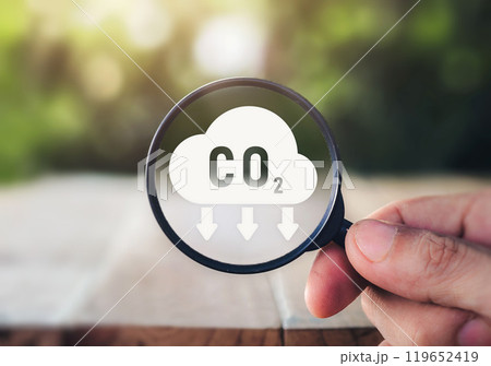 CO2 emission concept. Green industries business concept. Net zero emissions. Magnifying glass with Co2 symbol. Concepts Net Zero Emissions Goals A climate-neutral. Renewable energy. CO2 emission concept. Green industries business concept. Net zero emissions. Magnifying glass with Co2 symbol. Concepts Net Zero Emissions Goals A climate-neutral. Renewable energy. 119652419