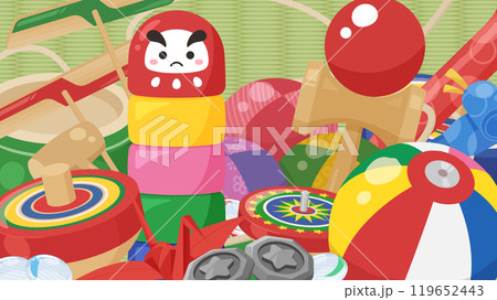 昔の遊びに使うおもちゃの背景イラスト_16:9 119652443