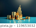 Stacks of gold coins against a minimal blue background 119653032