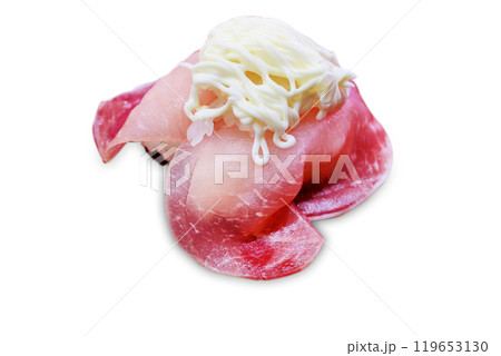 Top view of ham Proscuitto shushi, focus selective Top view of ham Proscuitto shushi, focus selective 119653130