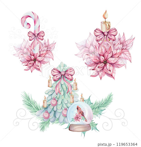 Watercolor set - green Christmas tree arrangement, candle with fir and gift, snow globe, glass ball shaker. Bird red cardinal, with brunch, red berries, candy cane. Cartoon romantic style. For Merry 119653364
