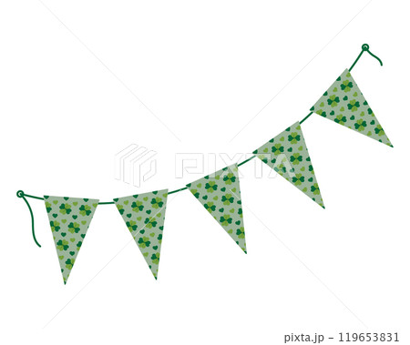 Pennants with quatrefoil clover pattern on a rope in trendy green. St Patrick Day greetings element Pennants with quatrefoil clover pattern on a rope in trendy green. St Patrick Day greetings element 119653831