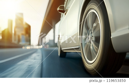Car drives on a city road at sunset, low angle side view 119653850