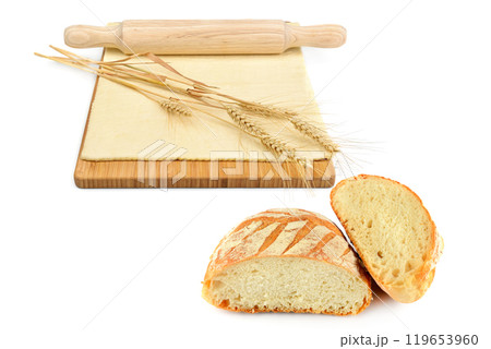 Dough, rolling pin, wheat ears and fresh wheat bread, isolated on white. Free space for text. Collage. 119653960