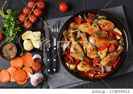 Basque Chicken Pepper Artichoke and Chorizo Saute Basque Chicken Pepper Artichoke and Chorizo Saute 119654015