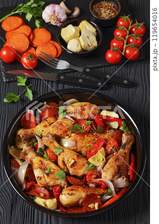 Basque Chicken Pepper Artichoke and Chorizo Saute Basque Chicken Pepper Artichoke and Chorizo Saute 119654016