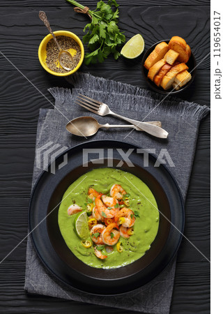 Shrimps in Culichi Salsa or Poblano sauce in bowl Shrimps in Culichi Salsa or Poblano sauce in bowl 119654017