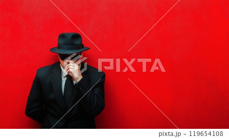 Serious man wearing suit and hat on red background 119654108