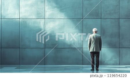 Senior businessman standing in front of a wall looking at bright light shining through it 119654220