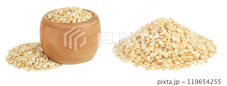 Sesame seeds in wooden bowl isolated on white background Sesame seeds in wooden bowl isolated on white background 119654255