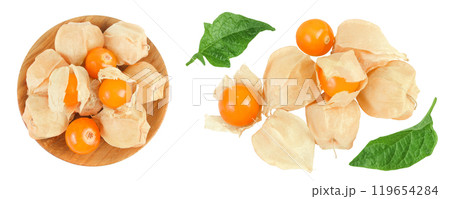 Cape gooseberry or physalis in wooden bowl isolated on white background. Top view with copy space for your text. . Flat lay 119654284