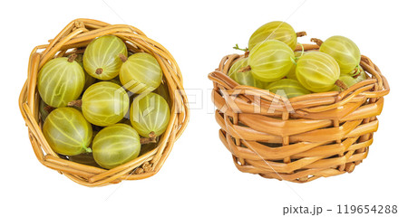 Green gooseberry in a wicker basket isolated on white background. Top view. Flat lay. Green gooseberry in a wicker basket isolated on white background. Top view. Flat lay. 119654288