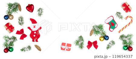 Christmas background with fir branches and decoration isolated on white background. Top view with copy space for your text. Flat lay Christmas background with fir branches and decoration isolated on white background. Top view with copy space for your text. Flat lay 119654337