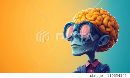 Blue alien wearing goggles thinking about science and future Blue alien wearing goggles thinking about science and future 119654343