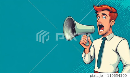 Businessman shouting through megaphone making announcement 119654390