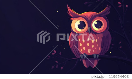 Cute red owl sitting on a branch at night 119654408