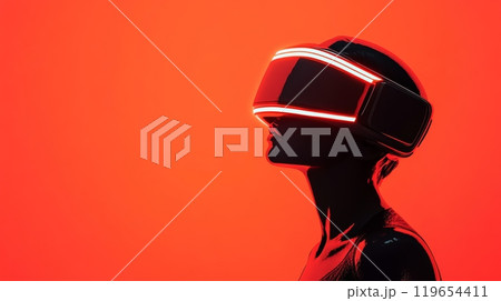 Woman experiencing virtual reality in a red metaverse 119654411