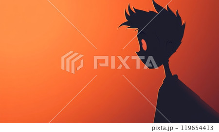 Young man contemplating life at sunset with minimalist orange background 119654413