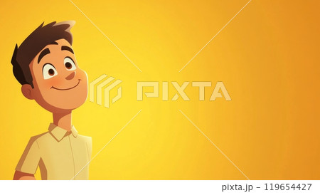 Young man looking up with hope and smiling on yellow background 119654427