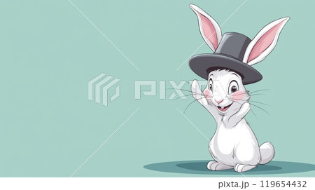 Cute cartoon white rabbit wearing a black top hat greeting with a raised paw 119654432
