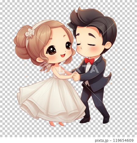 Illustration portraying a blissful dance of a bride and groom filled with love, radiating joy and happiness, capturing the magical moment of their celebration., AI Generated 119654609