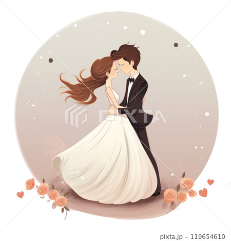 Joyful illustration capturing the bride and groom embracing tightly, radiating happiness as they share a warm and affectionate hug, symbolizing their love and connection. AI Generated 119654610