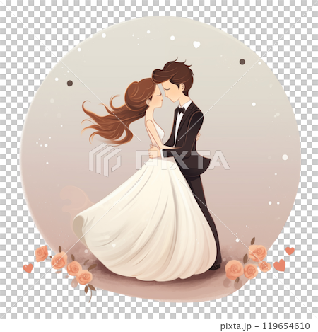 Joyful illustration capturing the bride and groom embracing tightly, radiating happiness as they share a warm and affectionate hug, symbolizing their love and connection. AI Generated 119654610
