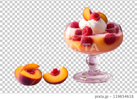 Delightful glass of Peach Melba dessert, combining the refreshing flavors of peaches with a tangy raspberry sauce and creamy vanilla ice cream. AI Generated 119654618
