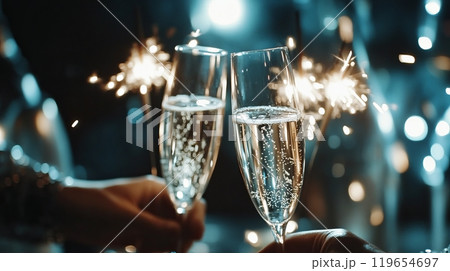 Close up of champagne glasses and sparklers in hands of people celebrating New Year 119654697