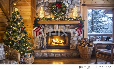 Cozy cabin living room interior with a rustic stone fireplace and Christmas tree, decorated with festive wreath and garlands Cozy cabin living room interior with a rustic stone fireplace and Christmas tree, decorated with festive wreath and garlands 119654722