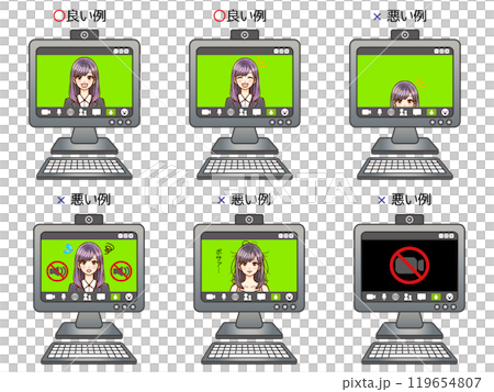 パソコンでWEB会議する会社員の良い例と悪い例のイラスト素材 119654807