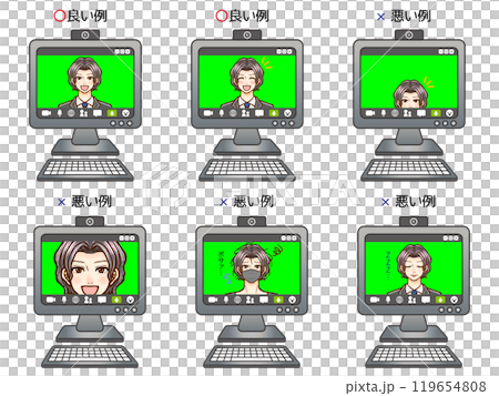 パソコンでWEB会議する会社員の良い例と悪い例のイラスト素材2 119654808