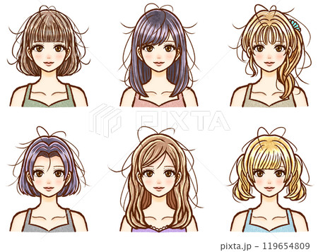 ぼざぼさ頭の枝毛とくせ毛の大人女性イラスト素材セット 119654809