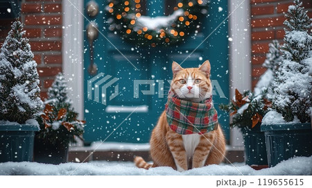 Cat in a scarf surrounded by snowflakes near a decorated door. 119655615