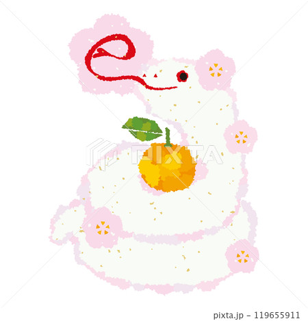 巳年_梅の花とかわいい白へびの鏡餅_ちぎり絵風のイラスト素材