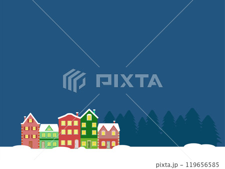 北欧風の家と夜の雪景色のクリスマス用イラスト背景素材 119656585