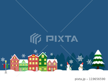 北欧風の家と夜の雪景色のクリスマス用イラスト背景素材 119656590