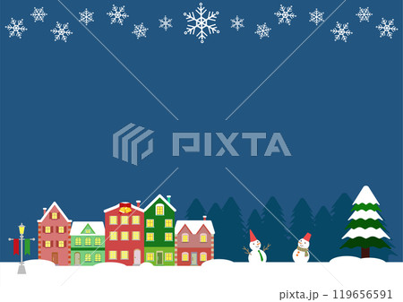 北欧風の家と夜の雪景色のクリスマス用イラスト背景素材 119656591