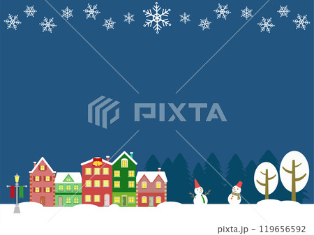 北欧風の家と夜の雪景色のクリスマス用イラスト背景素材 119656592