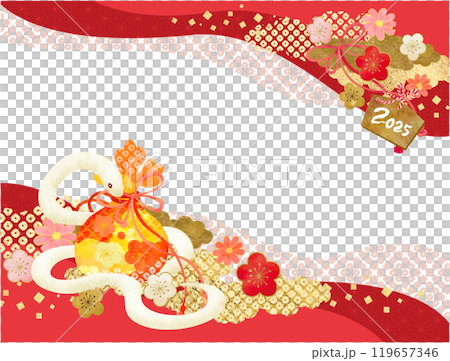 New Year's card material with a Japanese pattern of white snakes and flowers New Year's card material with a Japanese pattern of white snakes and flowers 119657346