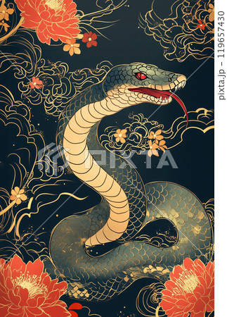 黒背景に金の装飾が映える蛇と牡丹のイラスト 黒背景に金の装飾が映える蛇と牡丹のイラスト 119657430