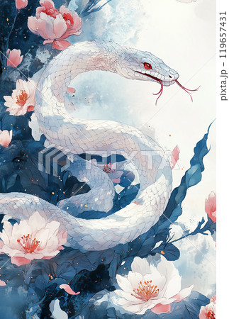 白蛇と牡丹が織り成す美しいイラスト 119657431