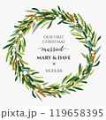 Christmas, New year green leaves, white mistletoe berries wreath. Festive greenery, holiday round decorative element. Floral watercolor, vector art wedding illustration. Elegant editable greeting card 119658395