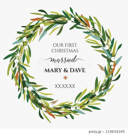 Christmas, New year green leaves, white mistletoe berries wreath. Festive greenery, holiday round decorative element. Floral watercolor, vector art wedding illustration. Elegant editable greeting card 119658395