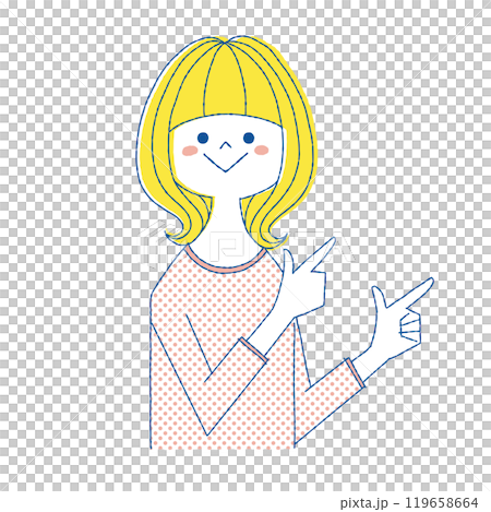 Smiling young woman pointing with both hands 119658664