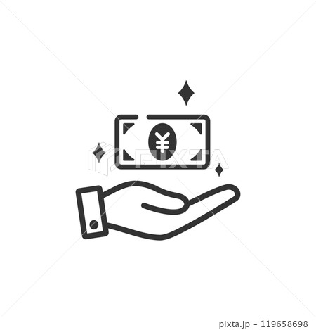 手のひらに乗せたお札のアイコン(線画・白黒) 119658698